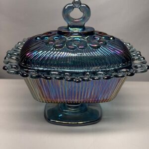 Vintage Indiana Carnival Pedestal Candy Dish Blue Iridescent With Lid